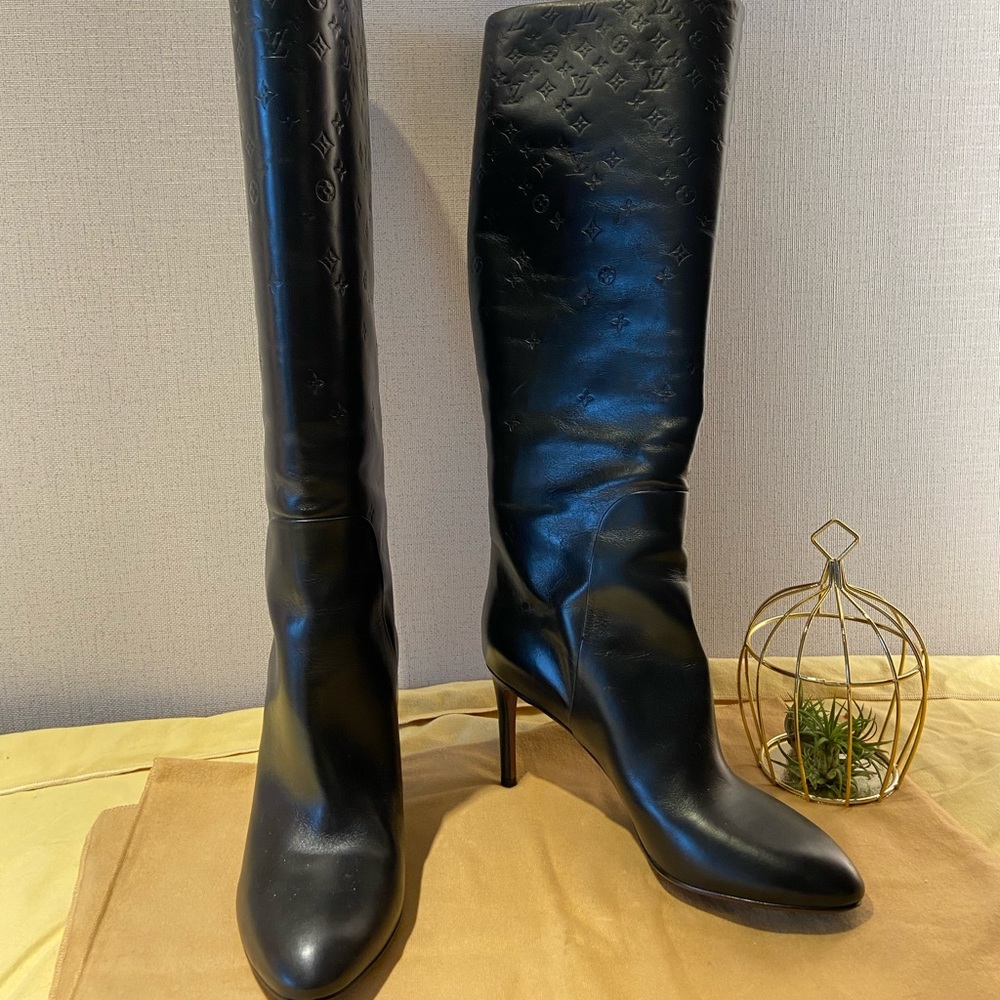 Louis Vuitton Monogram Leather High Boot Heels LV Size 37 US Size 7  Black